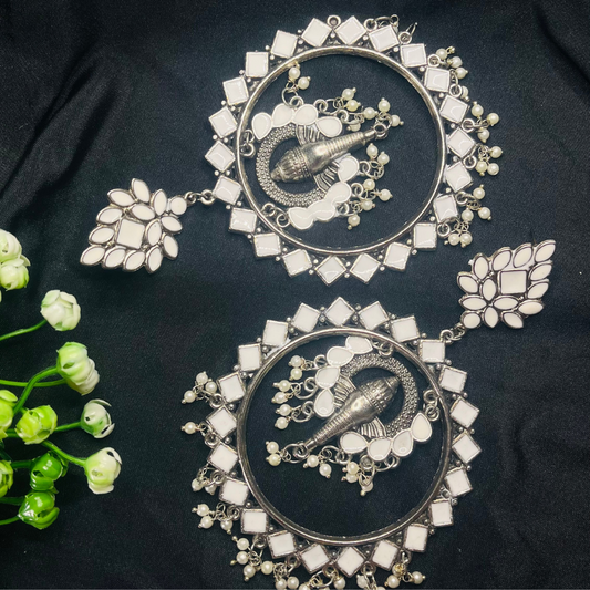 Silver Oxidized White Temple Dangler Hoop Earrings