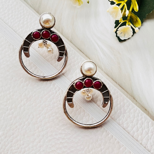 Oxidised Silver Plated Pink Stone Pearl Stud Earrings