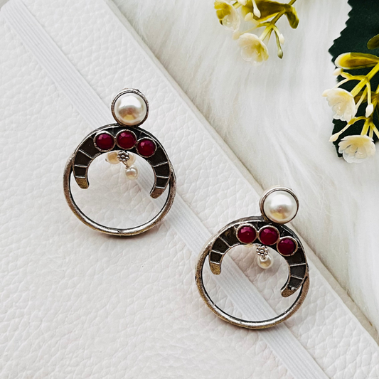 Oxidised Silver Plated Pink Stone Pearl Stud Earrings