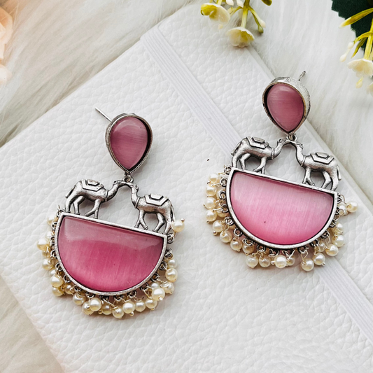 Camel Monalisa Stone Artwork Drop Earrings