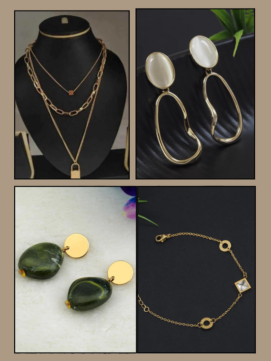 Set of 4 Combo pack of  2 Western Earring, 1 Necklace & 1 Bracelet