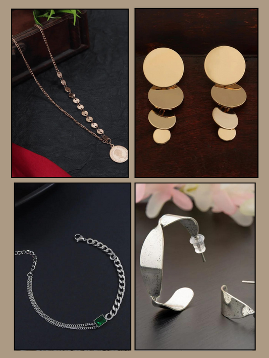 Set of 4 Combo pack of  2 Western Earring, 1 Necklace & 1 Bracelet