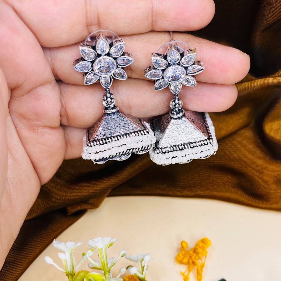 Silver Stone Small Jhumki Earrings
