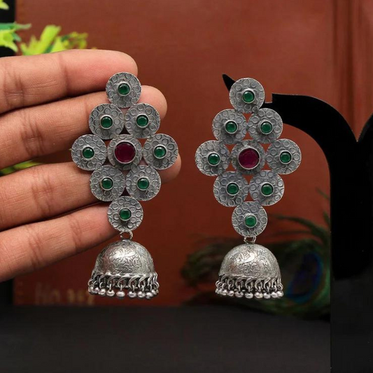 Green Color Oxidised Jhumkas Earrings
