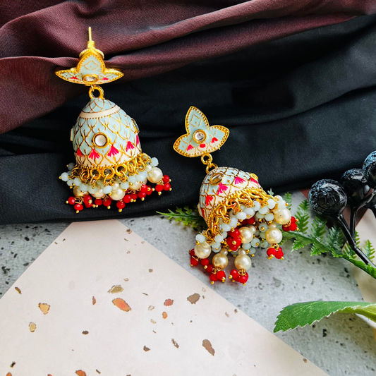 Gold Platted Light Blue Dome Shaped Kundan Jhumkas
