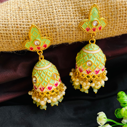 Gold Platted Mint Dome Shaped Kundan Jhumkas