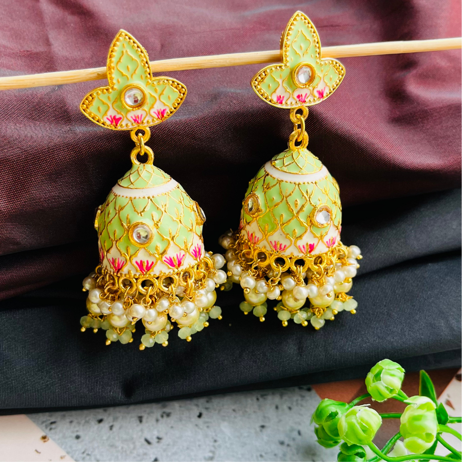 Gold Platted Mint Dome Shaped Kundan Jhumkas