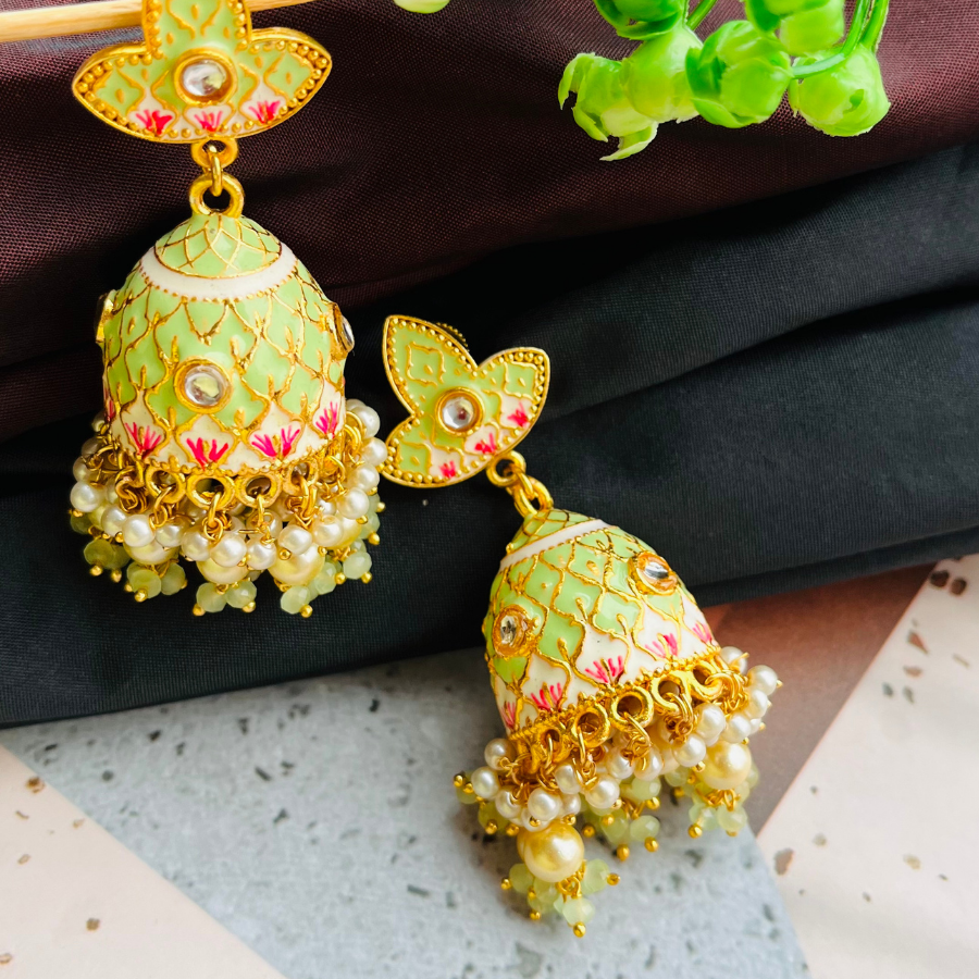 Gold Platted Mint Dome Shaped Kundan Jhumkas