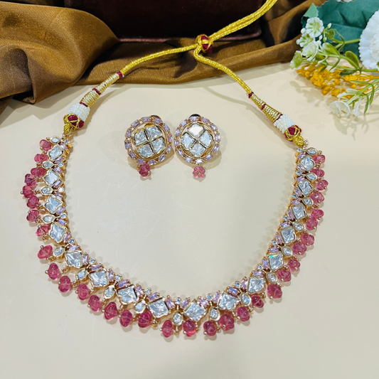 Moissanite Diamond with Pink Beads Necklace Set
