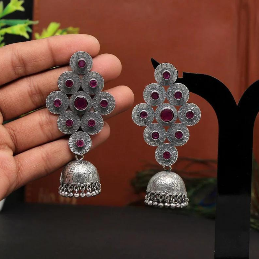Rani Color Oxidised Jhumkas Earrings