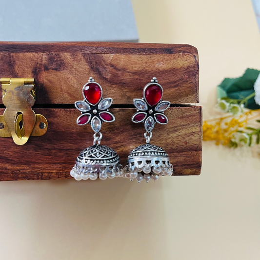 Red & White Stone Jhumki Earring
