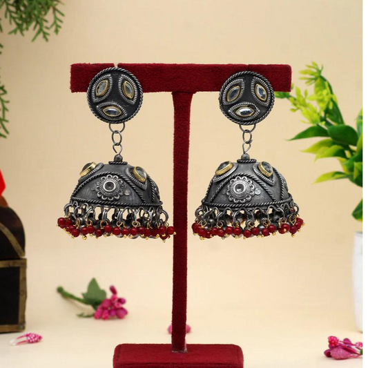 Maroon Oxidised Big Jhumkas Earrings