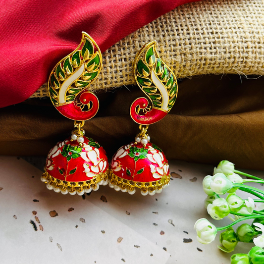 Peacock Pink and White Temple Lotus Jhumka Earrings