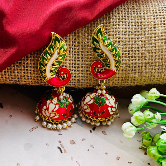 Peacock Pink and White Temple Lotus Jhumka Earrings