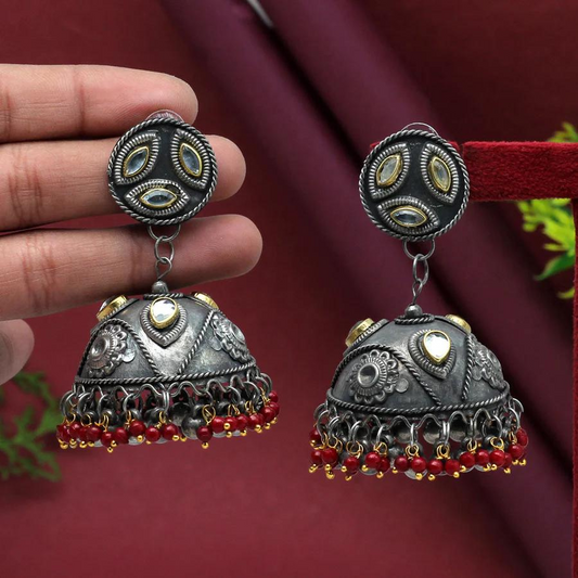 Maroon Oxidised Big Jhumkas Earrings