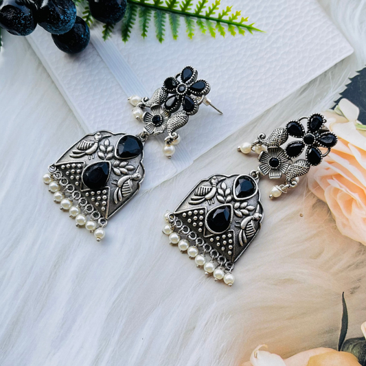 Silver-Plated Oxidised Contemporary Drop Earrings