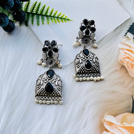 Silver-Plated Oxidised Contemporary Drop Earrings