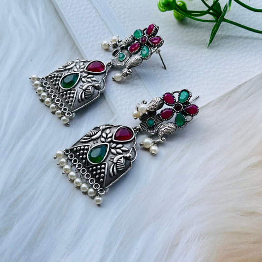 Silver-Plated Oxidised Contemporary Drop Earrings