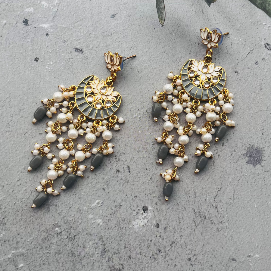 Gold-Plated Grey Kundan Drop Earrings