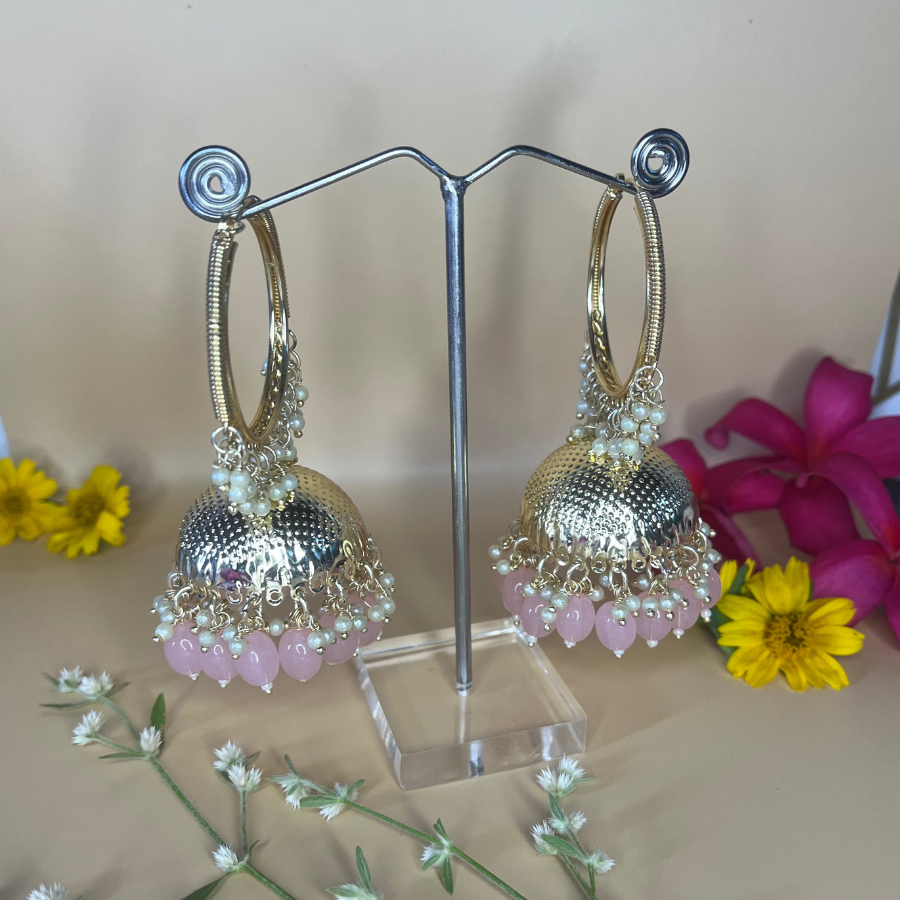 Pink Kundan Pearl Hoop Earrings