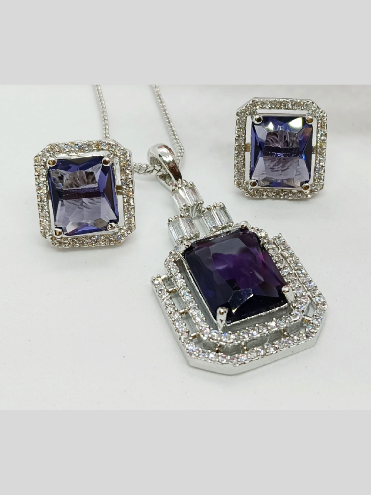 Premium Quality Purple AAA CZ Pendant Studs Set with Chain