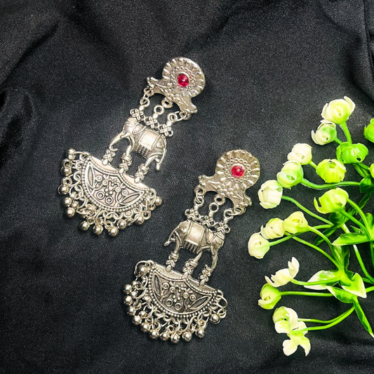 Oxidized Silver-Plated Stone-Studded Dangler Earrings