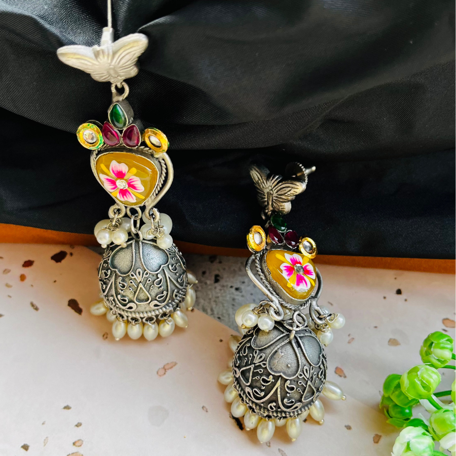 Beautiful Meenakari Silver Plated Bling Jhumki