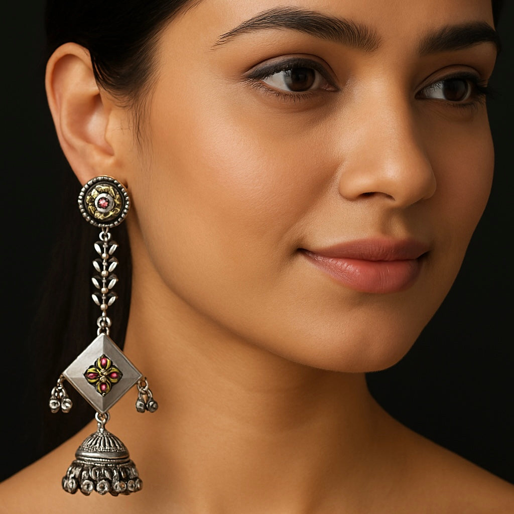 Long Silver Oxidised Earrings