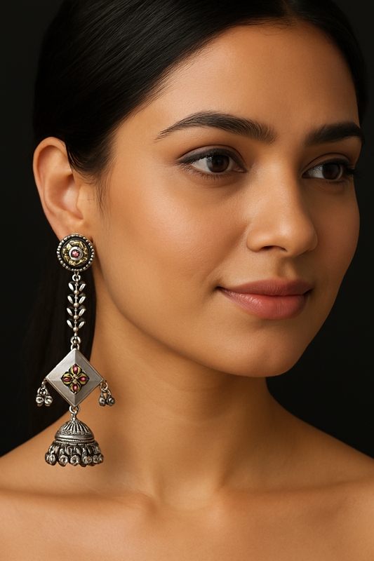 Long Silver Oxidised Earrings