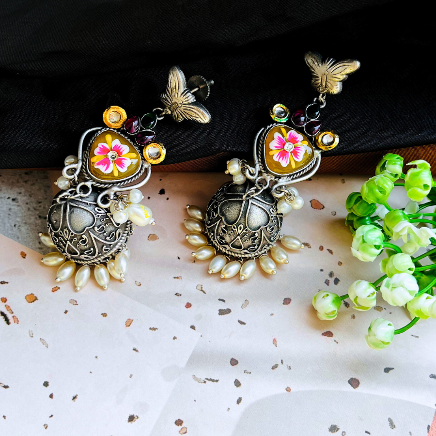 Beautiful Meenakari Silver Plated Bling Jhumki