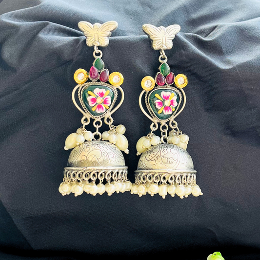 Beautiful Meenakari Silver Plated Bling Jhumki