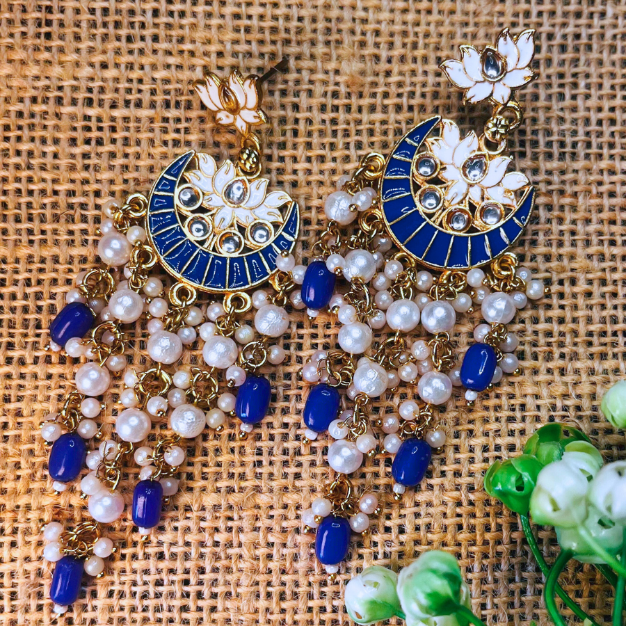 Gold-Plated Blue Kundan Drop Earrings