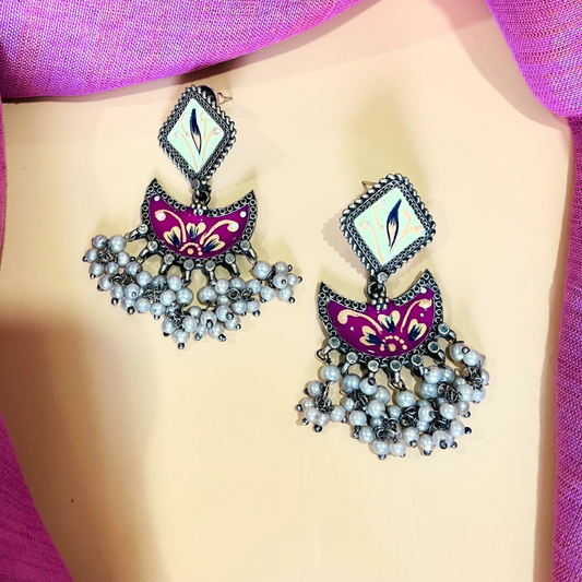 Handprinted Oxidised Chandbali Earrings