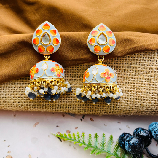 Floral Grey Orange Jhumkas Earrings