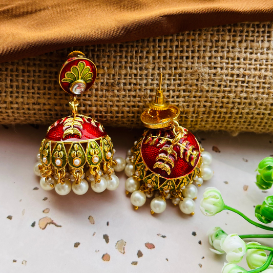 Red Gold Plated Dome Shaped Jhumkas Earrings