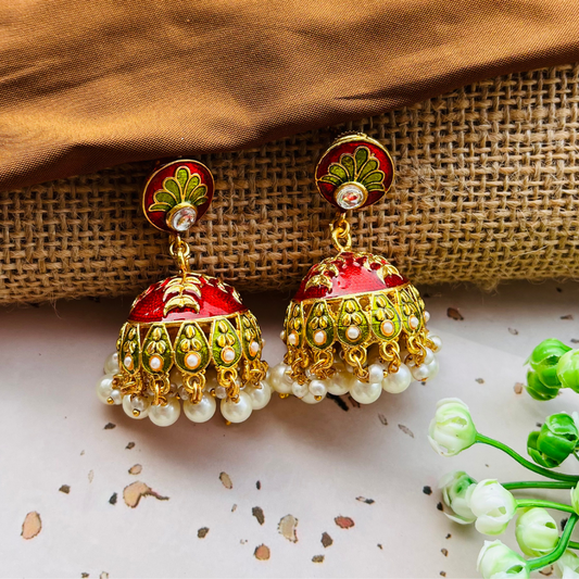 Red Gold Plated Dome Shaped Jhumkas Earrings