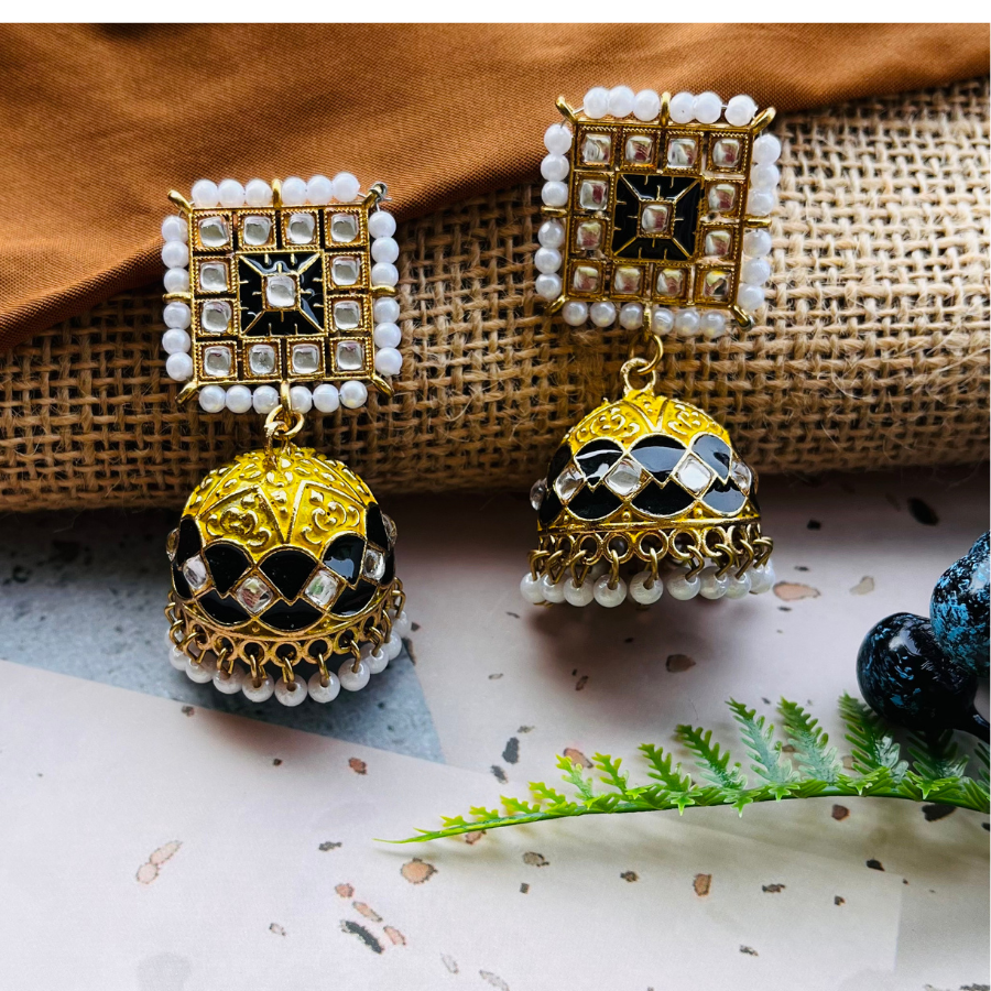 Lemon Green and Black Jhumkas Earrings