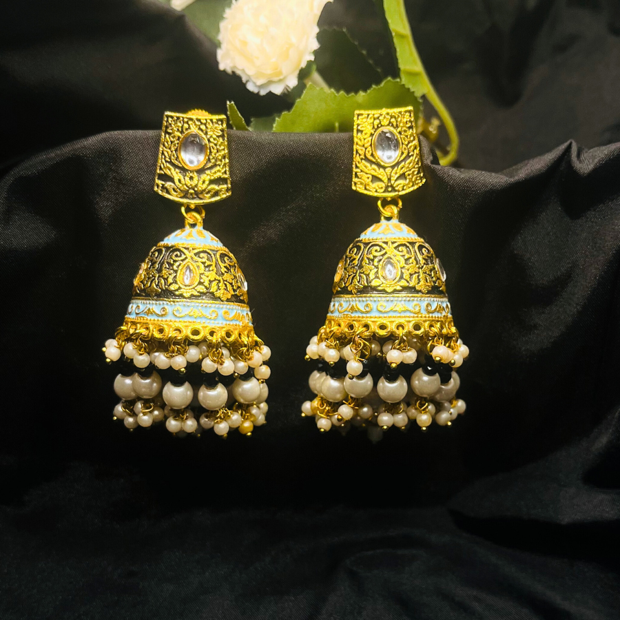Gold Platted Black Dome Shaped Kundan Meenakari Jhumkas
