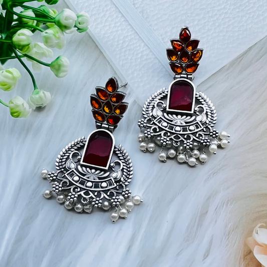 Silver Plated Stone Studded Oxidised Drop Earrings