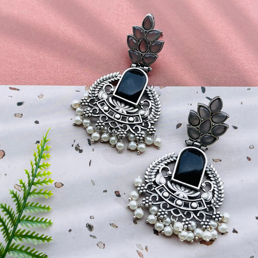 Silver Plated Stone Studded Oxidised Drop Earrings