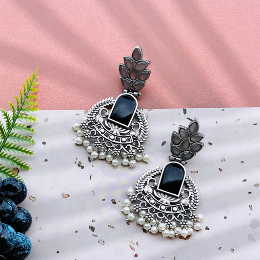Silver Plated Stone Studded Oxidised Drop Earrings