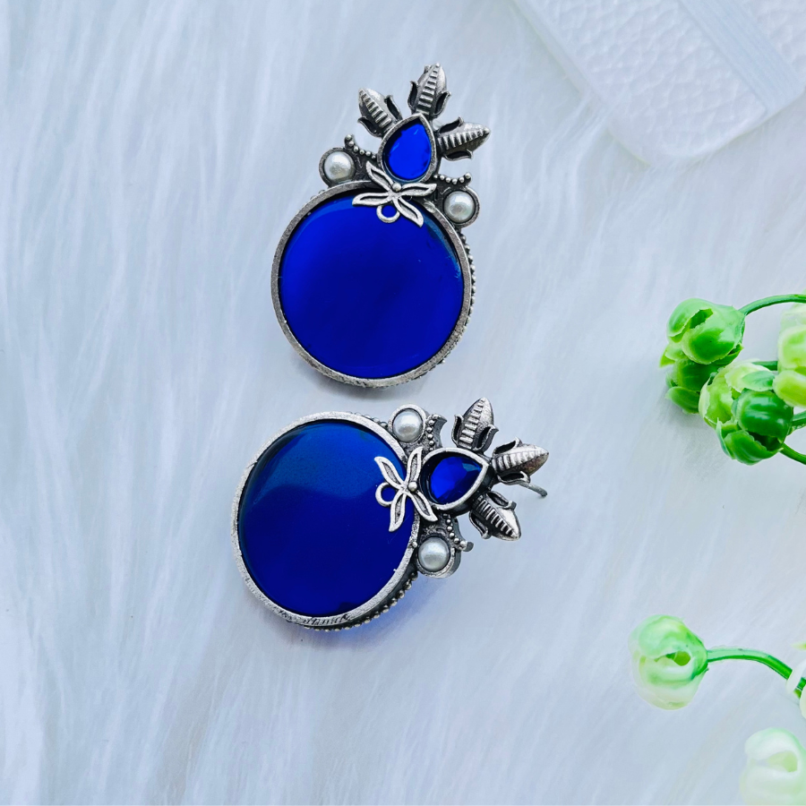 Royal Blue Silver Plated Monalisa Stone Stud Earrings