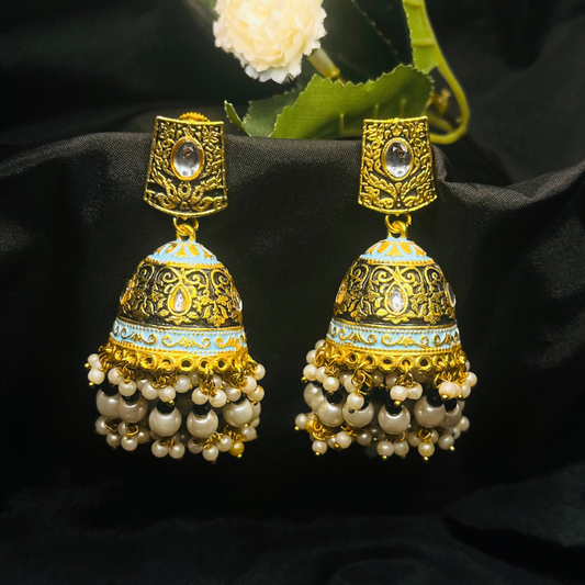 Gold Platted Black Dome Shaped Kundan Meenakari Jhumkas