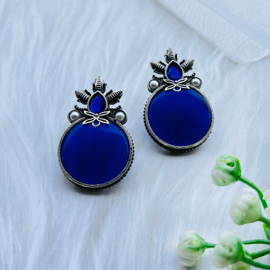 Royal Blue Silver Plated Monalisa Stone Stud Earrings