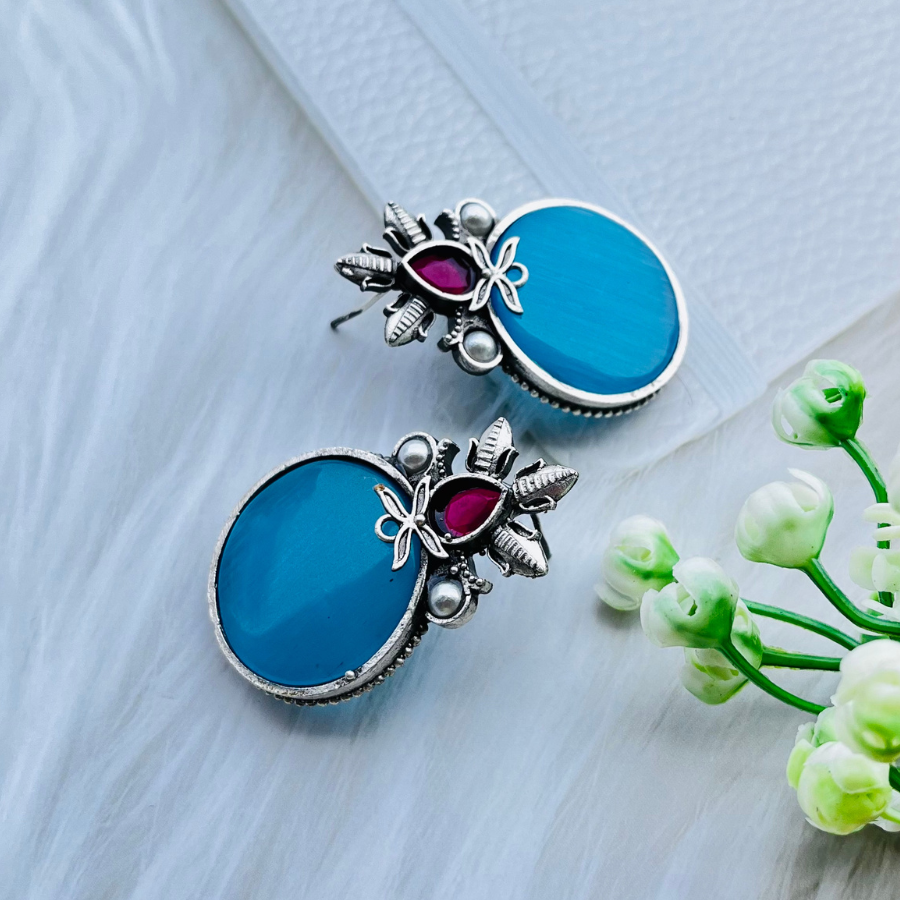 Sky Blue Silver Plated Monalisa Stone Stud Earrings