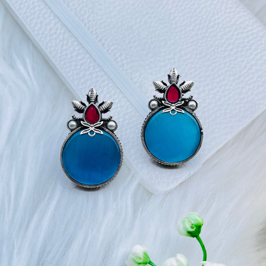 Sky Blue Silver Plated Monalisa Stone Stud Earrings