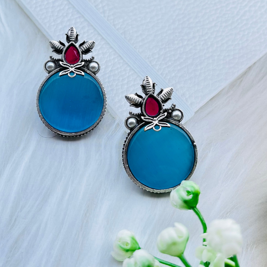 Sky Blue Silver Plated Monalisa Stone Stud Earrings