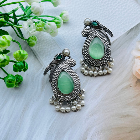 Bird Silver Plated Monalisa Stone Stud Earrings