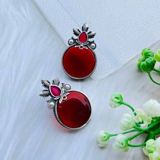 Red Silver Plated Monalisa Stone Stud Earrings