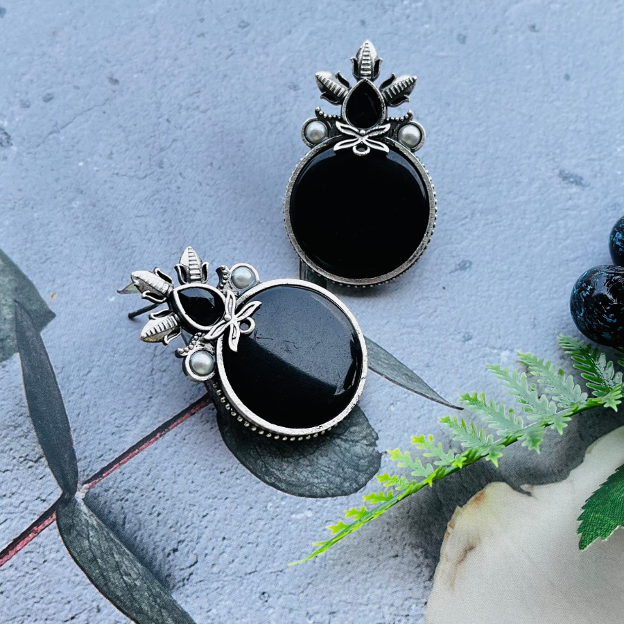 Black Silver Plated Monalisa Stone Stud Earrings